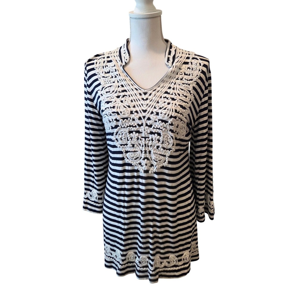 Cristina Womens XL‎ Navy Blue White Striped Soutache Embroidered Tunic Top Boho